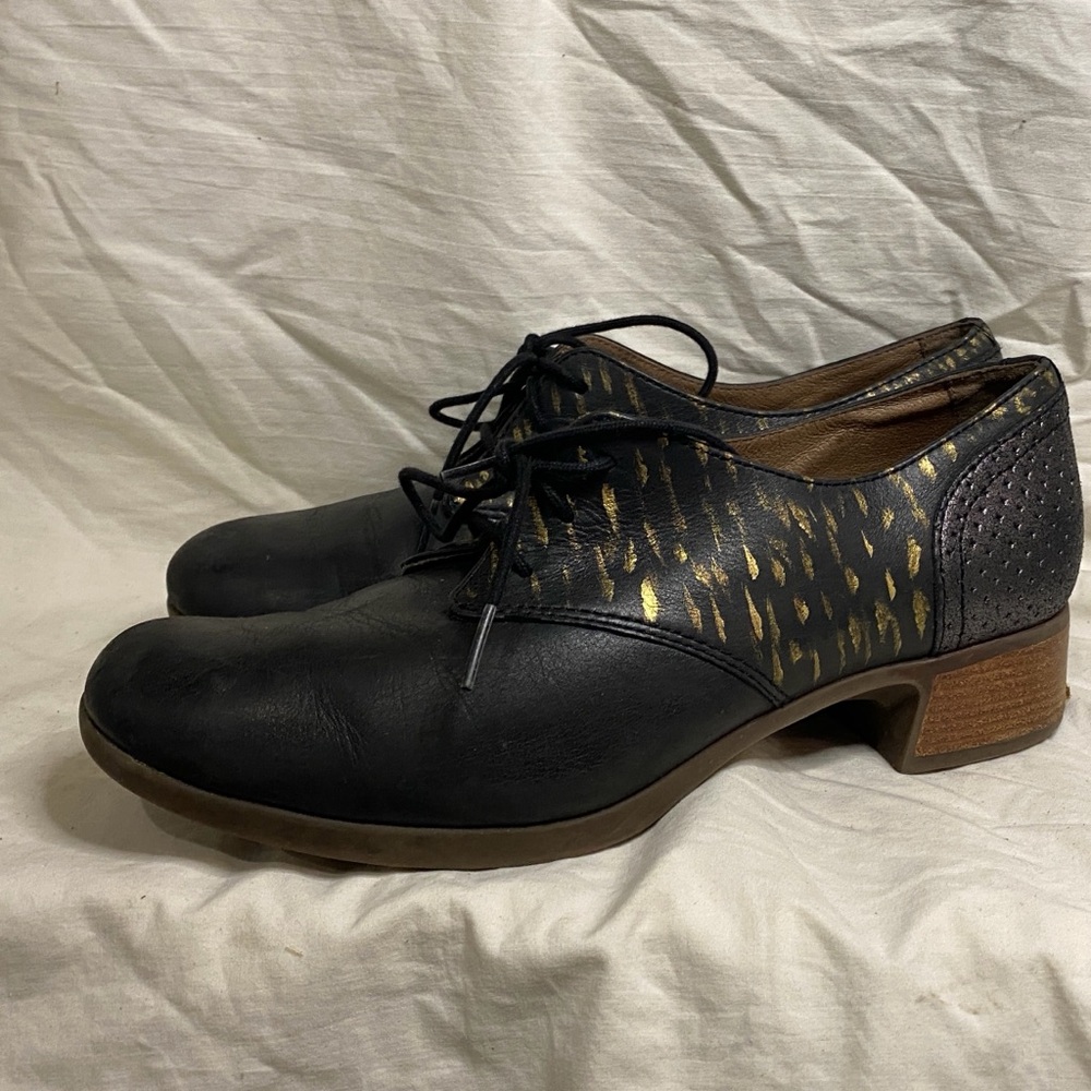 Dansko  39 black  and gold up cycled hand painted leather derby shoes.